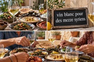 Mezze syriens servis avec un vin blanc frais sur une table d'Alep