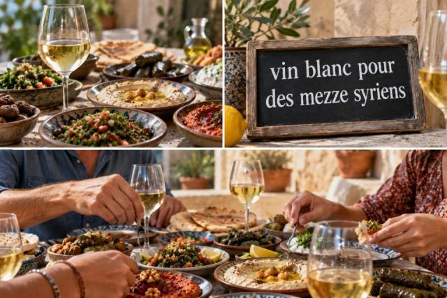 Accords levantins tout en fraîcheur Mezze syriens servis avec un vin blanc frais sur une table d'Alep